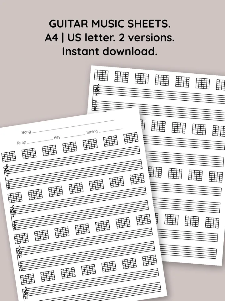 Set of guitar music sheet. Printable guitar tab paper. Blank guitar tab printable. Guitar tablature paper.