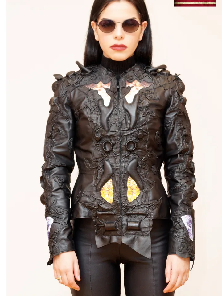 Women's short handmade jacket of genuine leather black color cyberpunk style. Cosmic futuristic design leather clothes