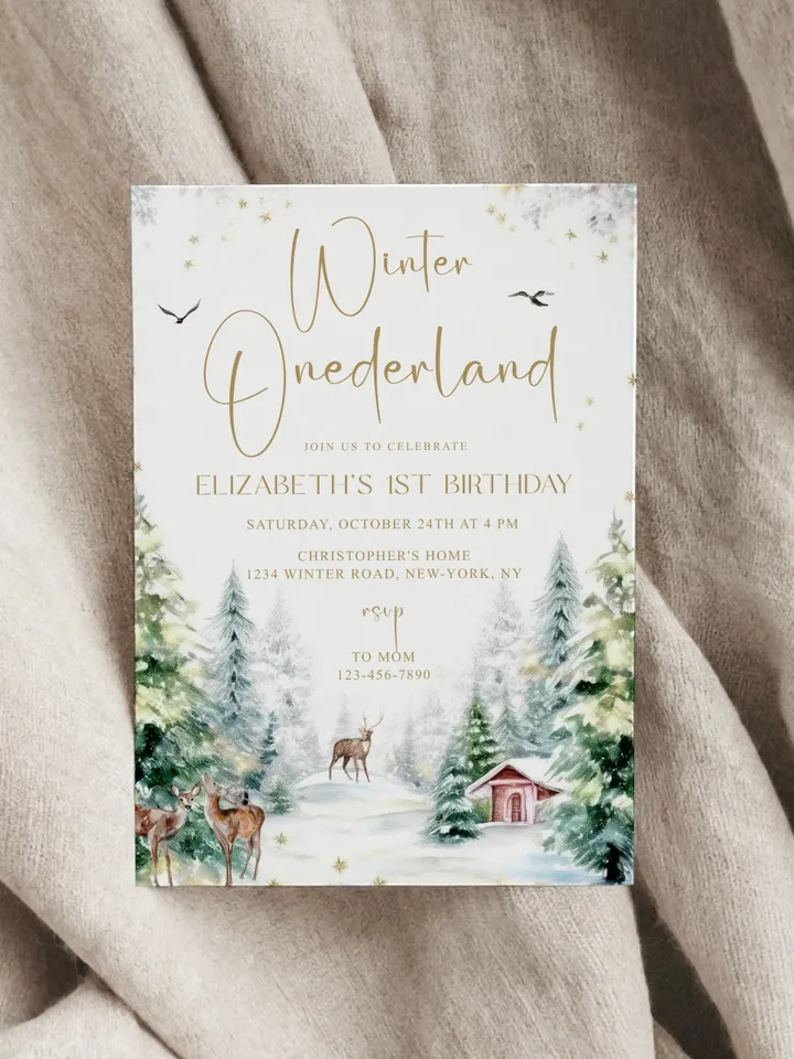 Winter Onederland 1st Birthday Invitation, Snow Woodland 1st Birthday Invite, Winter Onederland, Printable 1st Birthday Invitation - I128