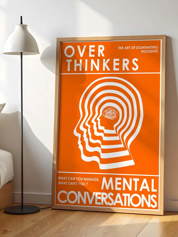 Overthinkers Wall Art Digital Print Retro Style Creativity Poster Eclectic Printable Artwork Trendy Room Decor Instant Download Orange White