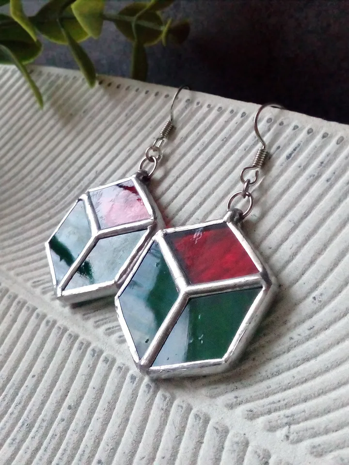 Cube earrrings, hexagon earrings, geometric earrrings, simple stained glass, green stained glass, honeycomb
