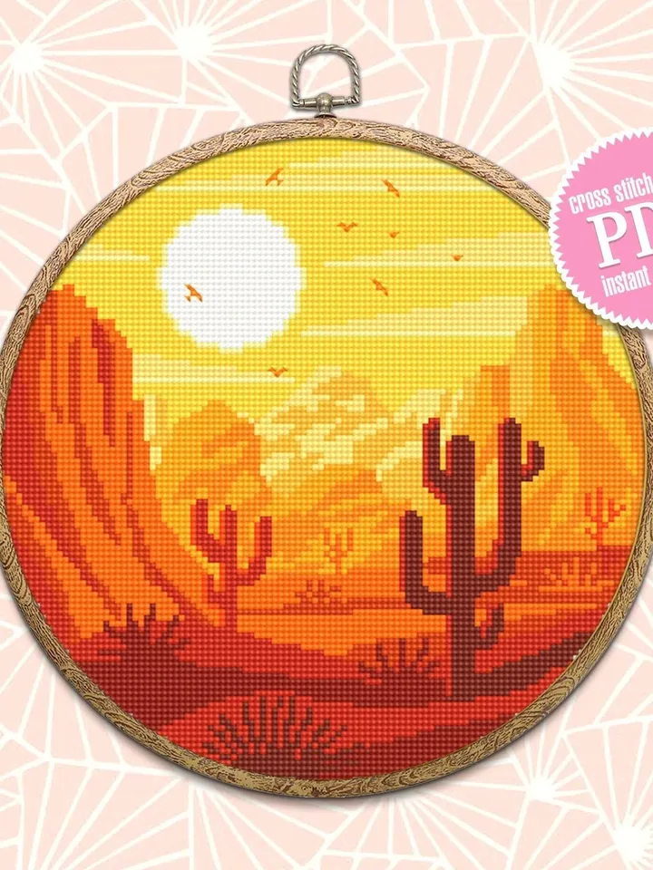 Nature cross stitch pattern download PDF Desert landscape cross stitch chart National park embroidery PDF Desert plant cross stitch #L24