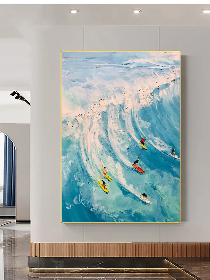 Original Surf Painting on Canvas Custom Painting Texture Wall Art Personalized Gift Blue Ocean Waves Nature Scenery Art Bedroom Wall Decor