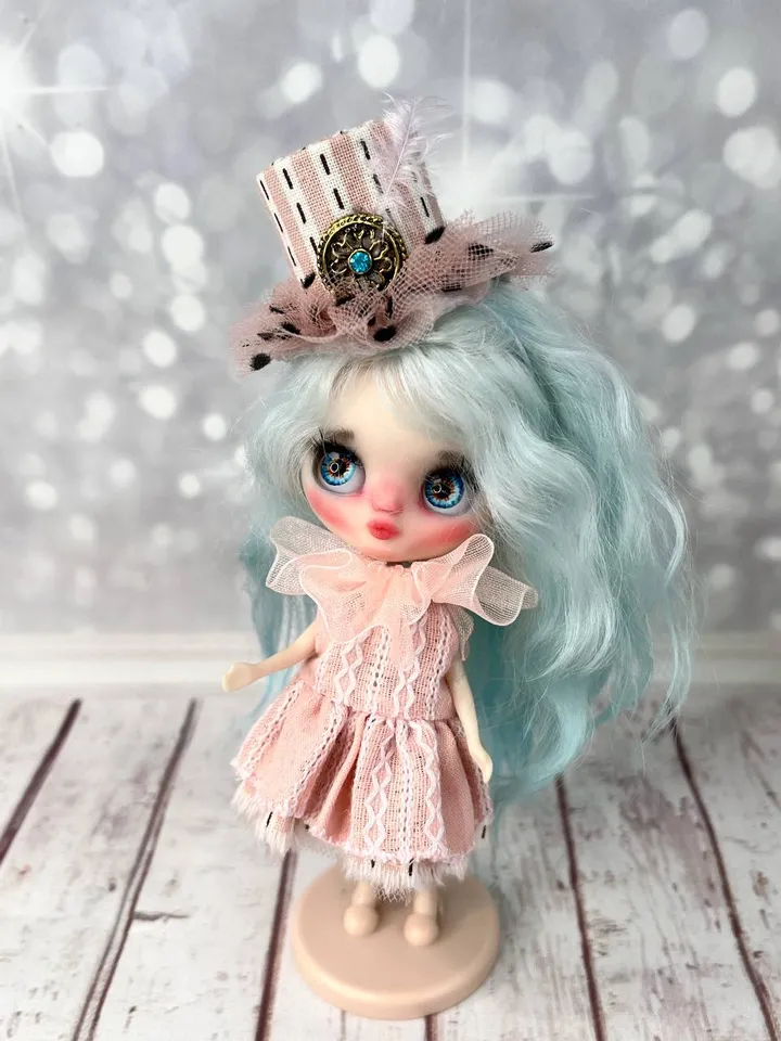 Adorable little doll in a hat. Petite Blythe with blue hair.