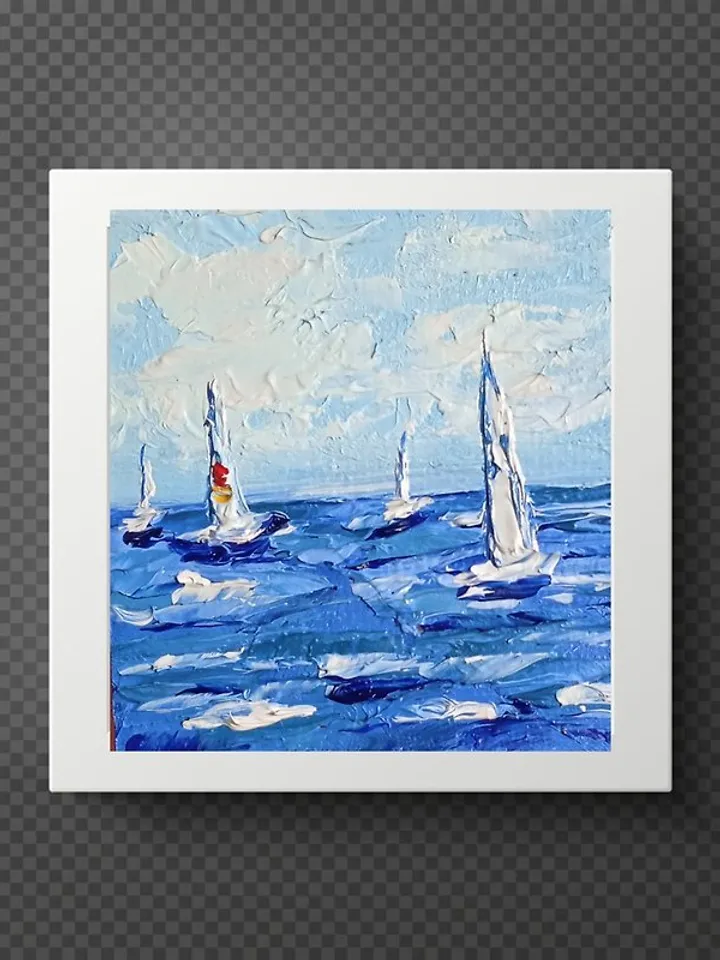Miniature original oil painting seascape Sea regatta painting in dollhouse