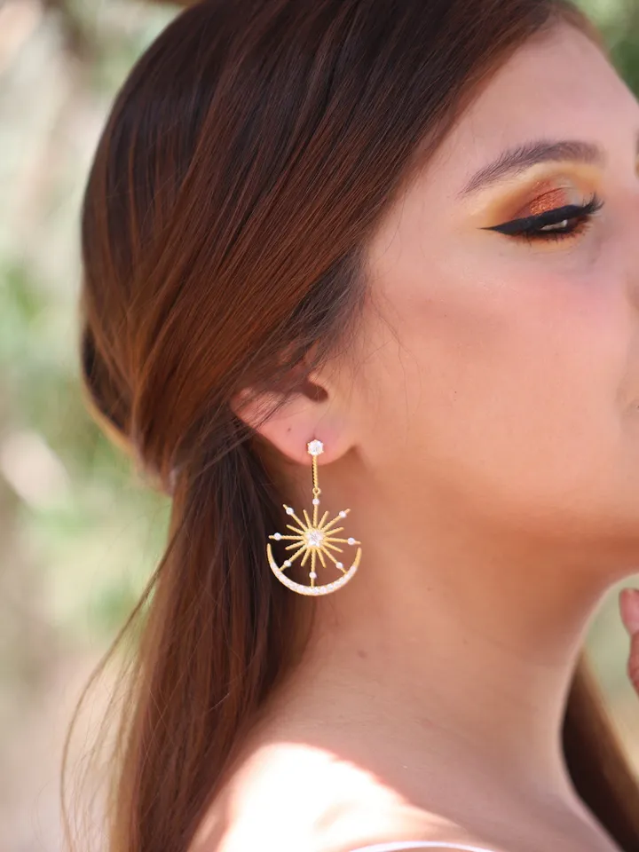 Big Star Gold Art deco Wedding Earrings For Bride, Celestial Statement Bridal Earrings, Swarovski crystal Wedding Earrings, Boho Jewelry