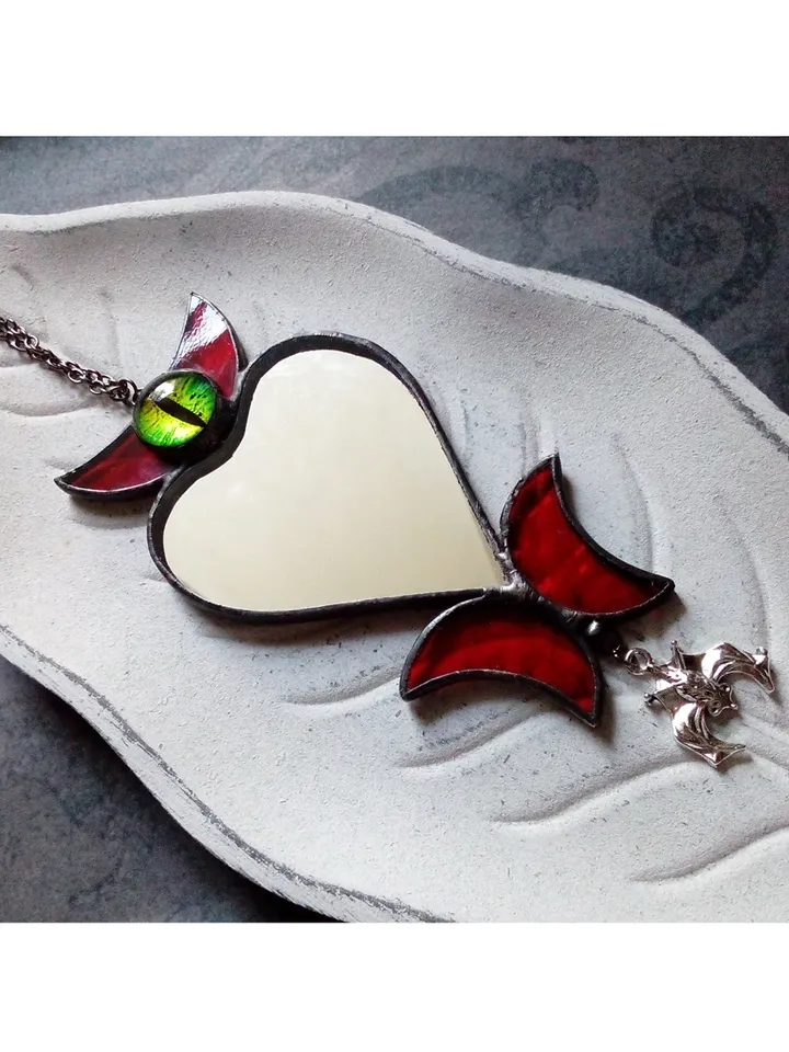Stained glass scrying mirror necklace, Black goth ornate mirror, Bat mirror, Car hanger, Witch mirror, Heart mirror