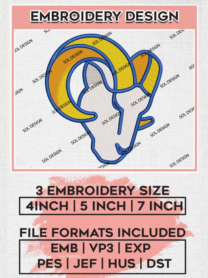 Los Angeles Rams Logo Embroidery Design Files, NFL Rams, NFL Embroidery Designs, NFL Los Angeles Rams Machine Embroidery Design, Digital Download