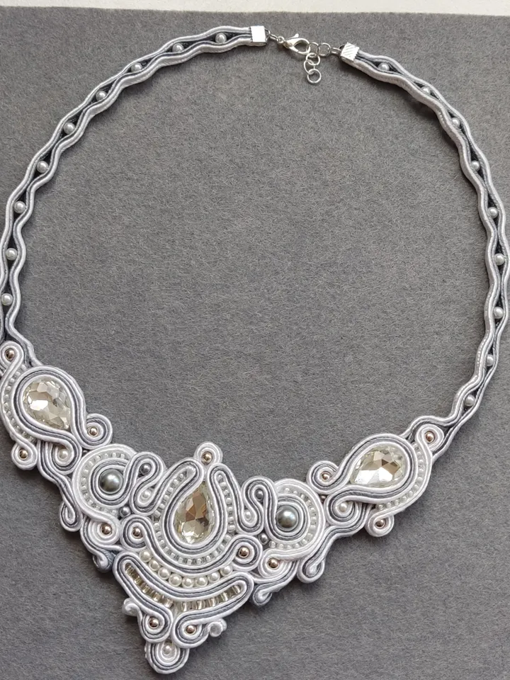Bridal necklace, White necklace, Wedding jewelry, Bead Embroidered Soutache necklace Rhinestone beaded necklace