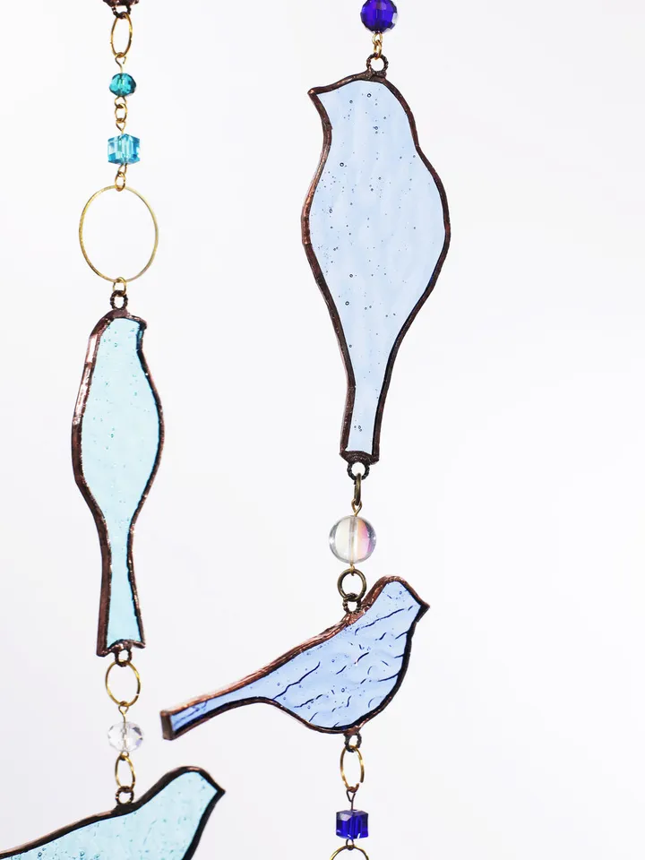 Garlands. Birds. Snow-white, Snow-white Bird Garland, White Bird Stained Glass Garland, Elegant White Bird Garland, Handmade Stained Glass Birds on Garland, Whimsical White Birds Garland