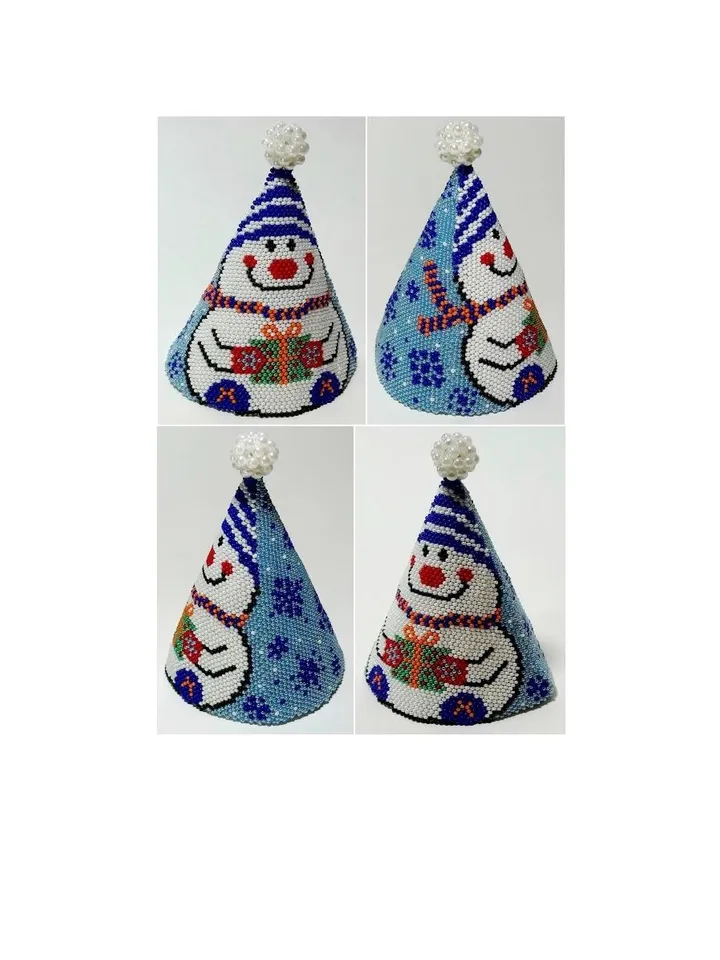 Tutorial 3D Cone "Snowman with a Gift", Brick Stitch, Czech beads Preciosa 10/0, Home decor, Christmas tree toy, Instant Download, PDF file