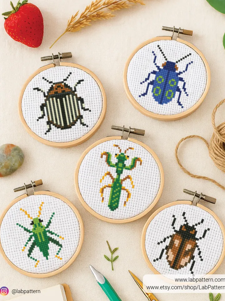 Bundle mini Insects 5 Cross stitch patterns, contemporary, Bug Beetle, Tiny Small, beginner, modern chart, gift DIY, embroidery, instant PDF