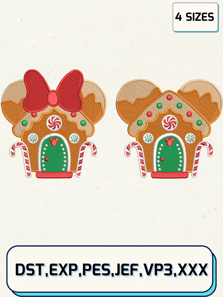 Bundle Gingerbread Mickey And Minnie House Embroidery Design,Christmas Embroidery Designs,Machine Embroidery Files,4 Sizes