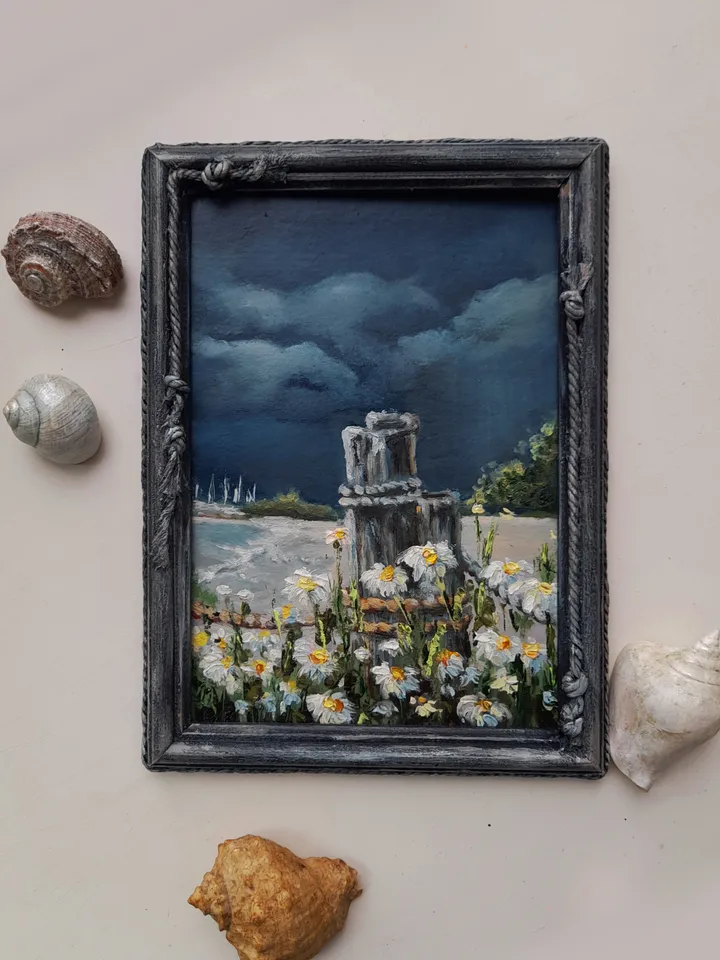Oil painting on cardboard Before the storm. Painting in a decorative frame