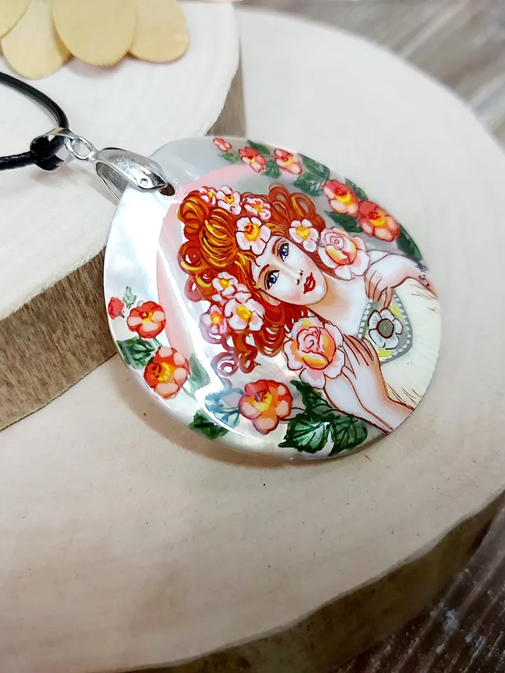 Pearl pendant necklace: Rose by Alphonse Mucha on aesthetic pendant. Handmade Floral jewelry with abalone mother-of-pearl. Gift for mother