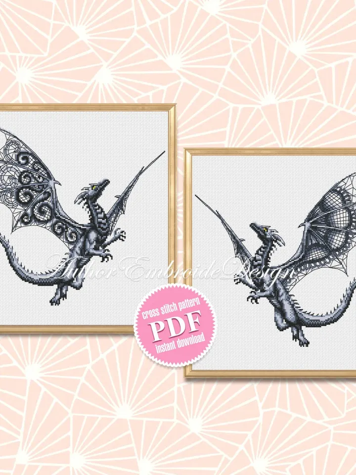 Dragon set cross stitch pattern download PDF Fantasy animal cross stitch chart, Dragon embroidery PDF, Blackwork patterns, Dragon art #K38
