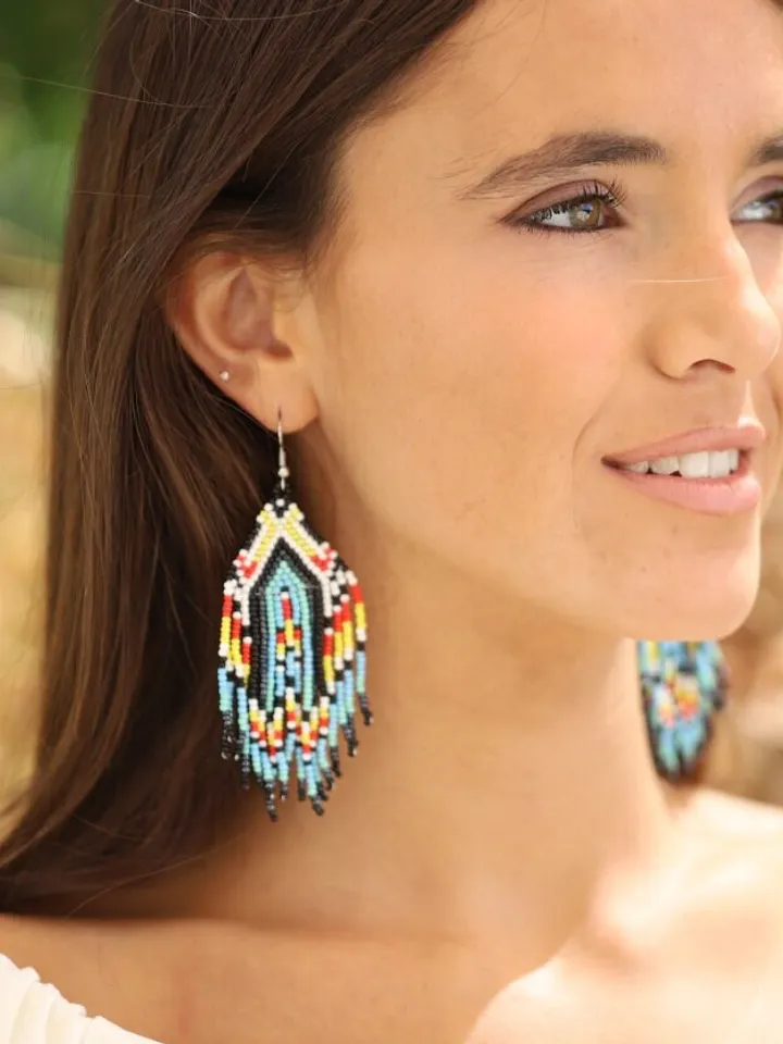 Blue Boho Wedding Earrings, Long Beaded Fringe Earrings, Chandelier Statement Bridal Earrings, Tassel Earrings, Bohemian Statement Jewelry,