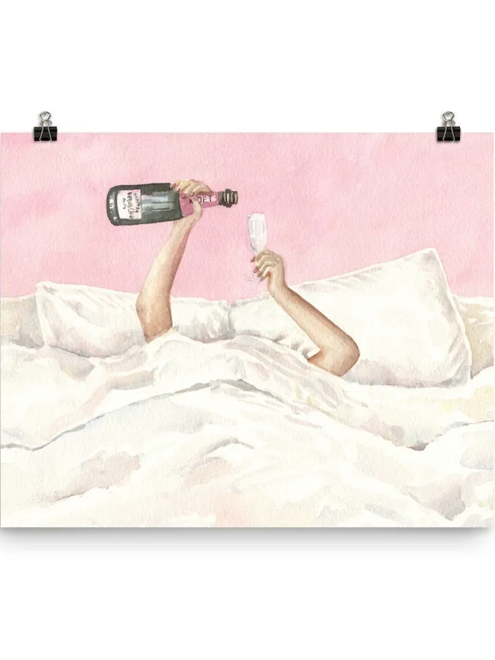 Pink Champagne Bottle Watercolor Illustration Wall Art Print, Feminine Art, Bar Decor, Cocktail Poster, Preppy Bar Cart, Apartment Decor