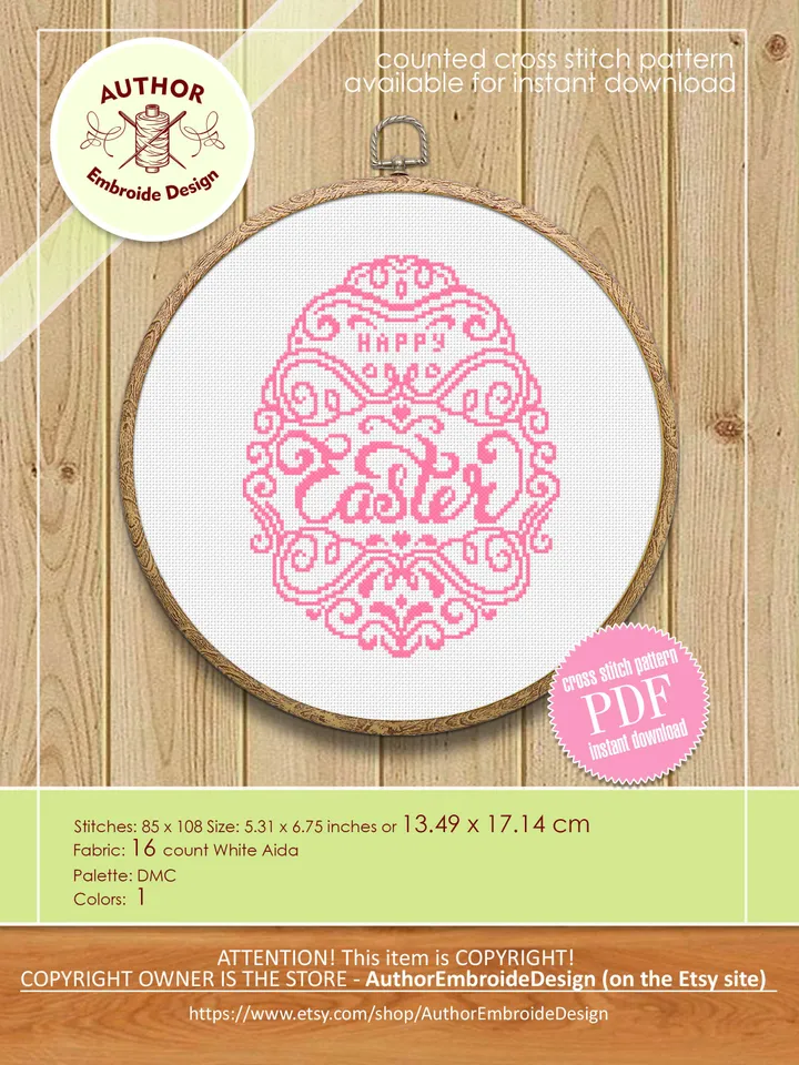 Easter egg cross stitch pattern PDF Happy Easter cross stitch download PDF, Monochrome cross stitch chart, Vintage easter ornament #T4