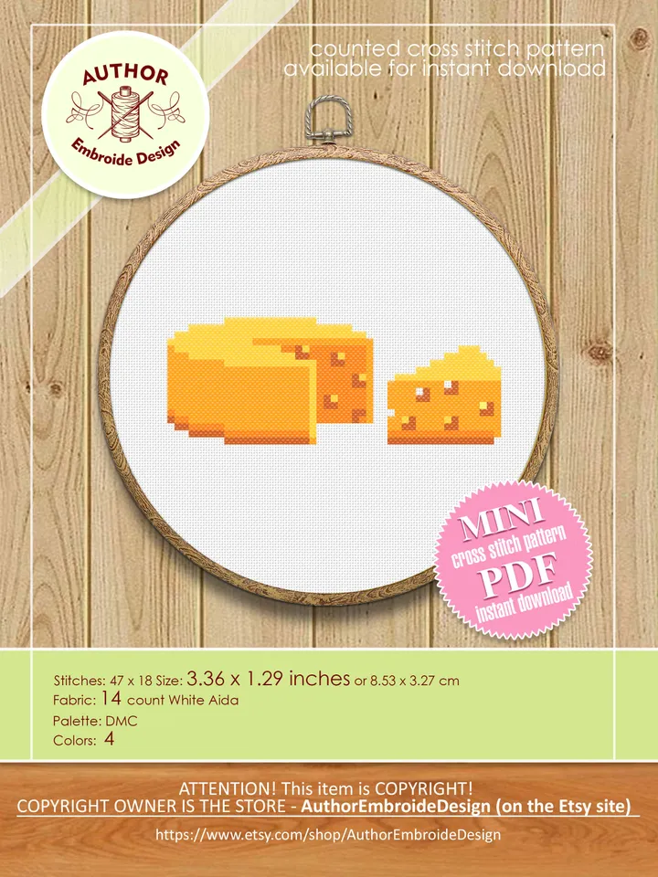 Cheese small cross stitch pattern PDF Mini cross stitch chart, Minimalistic food cross stitch Instant download PDF, Cheese lover gift #F13