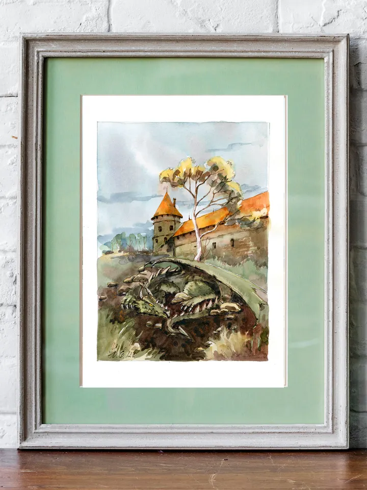 Fantasy dragon castle art Original watercolor painting by Yulia Evsyukova