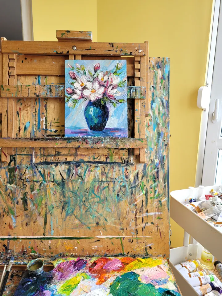 Magnolia Painting Flower Original Art Impasto Oil Painting 7x9 Blossom Painting Abstract Bouquet Painting Birth Month Flower by ArtFromVictoria