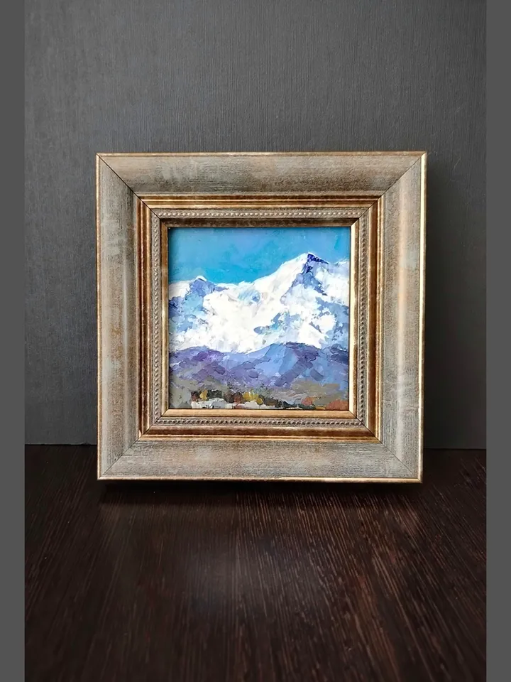 Original Oil Painting Mountain Landscape Wall Art Impasto Artwork Painting in Frame Canvas Painting 4 by 4 inches by Natalia