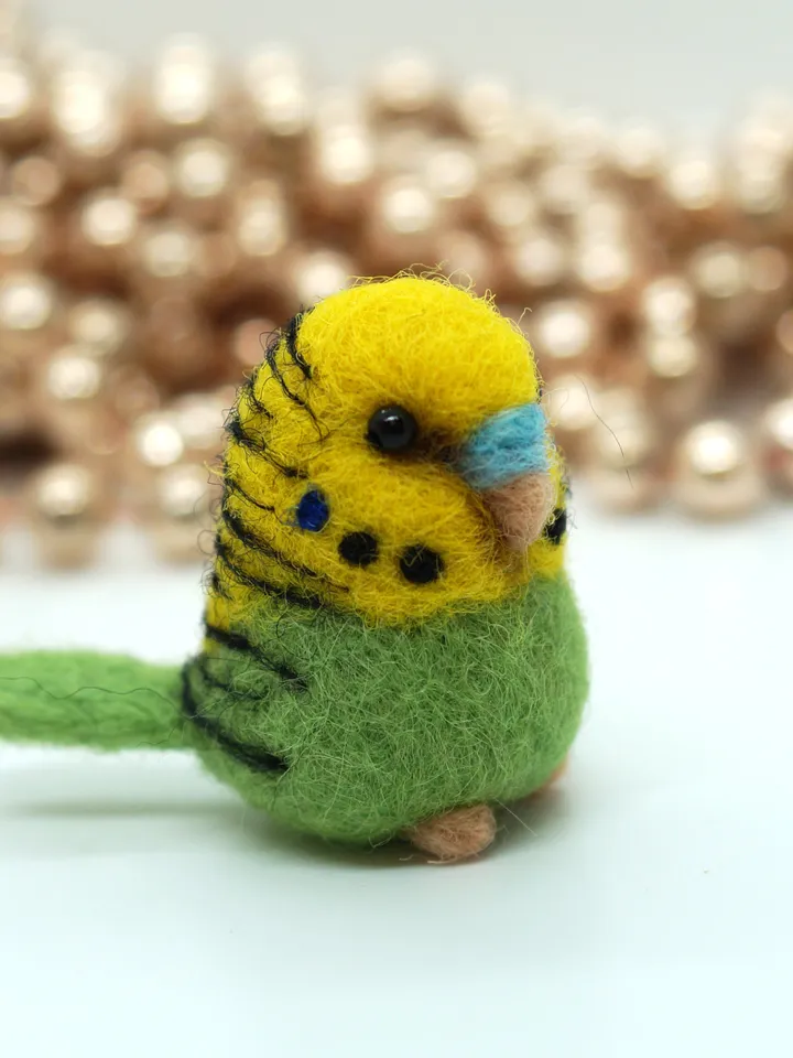 Miniature needle felted green and yellow budgie, pet bird, needle felted parakeet, made to order