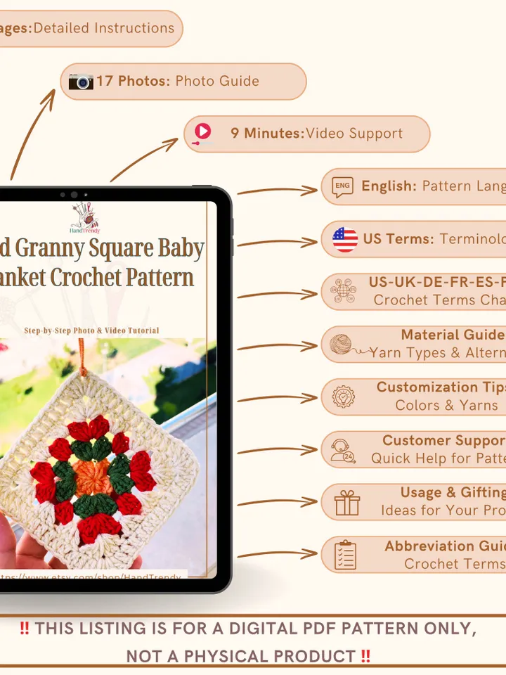 Solid Granny Square Baby Blanket Crochet Pattern - Beginner Crochet Coaster Pattern - Quick and Easy PDF Guide