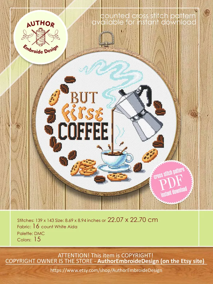 But first coffee cross stitch pattern download PDF, Coffee sampler embroidery PDF, Coffee quote cross stitch chart, Funny home decor #Q53