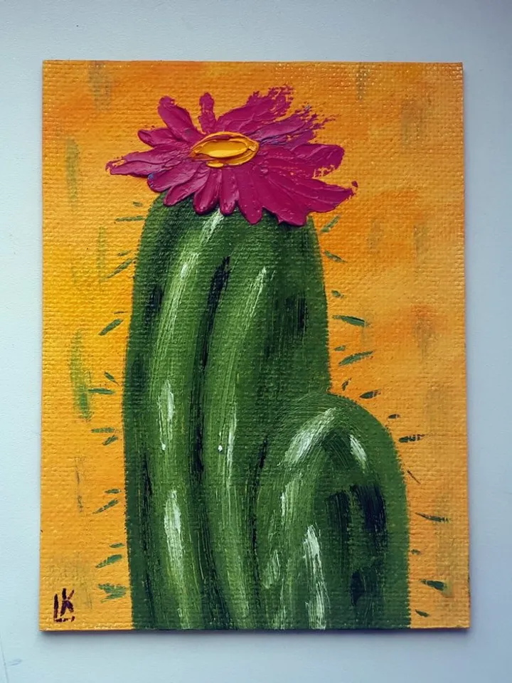 Cacti Oil Painting 3D Textured Art Cactus Artwork, Cactus Flowers  Abstract Painting