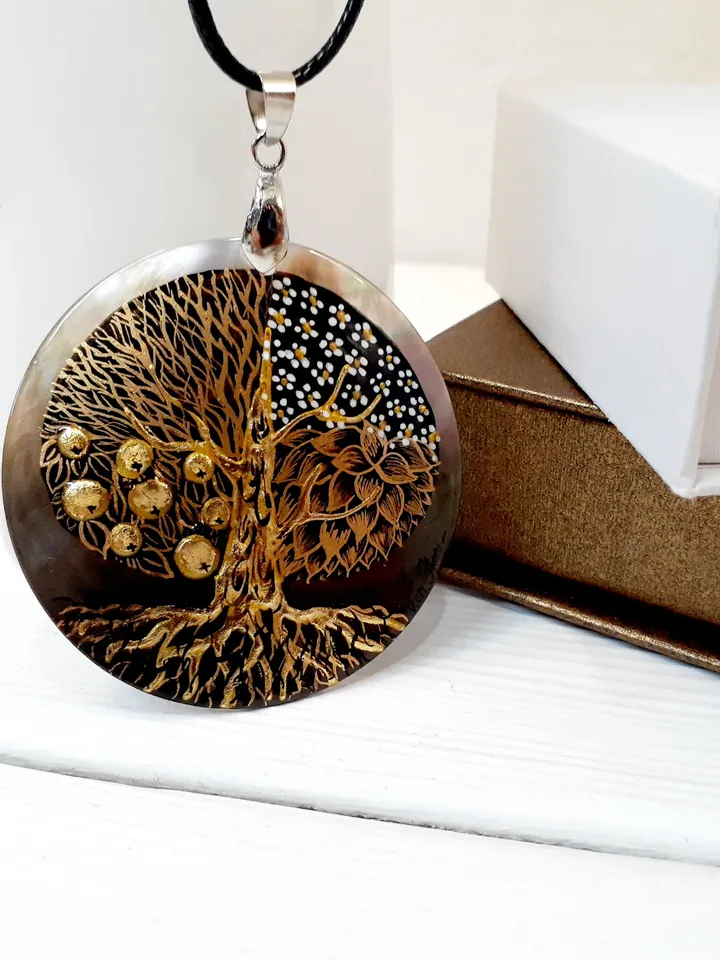 Beautifull Pendant "Tree of life"Mother-of-pearl Hand painted miniature painting magic of painting art jewelry Fedoskino Russian jewelry