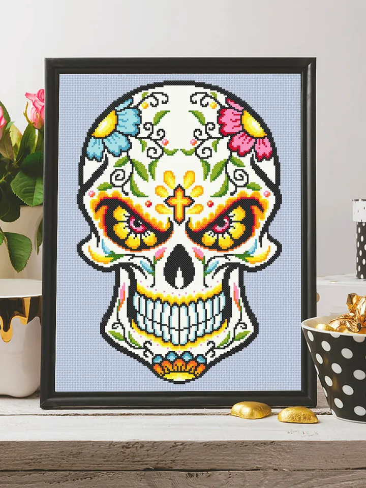 Halloween sugar skull cross stitch pattern download PDF Day of the Dead pattern PDF Mexican skull beginner stitch Flower skull painting #H27