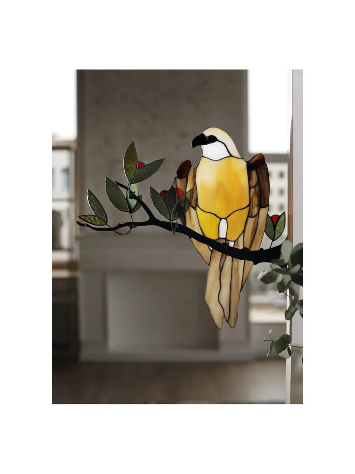 Falcon on a Branch Stained Glass, Tiffany-Style Stained Glass Falcon, Falcon Stained Glass Suncatcher, Handcrafted Falcon on Tree Branch, Tiffany Art Glass – Falcon Design, Elegant Falcon Stained Glass Panel, Nature-Inspired Falcon Tiffany Window Hanging