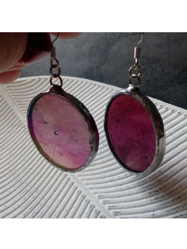Iridescent stained glass earrings, Dichroic earrings, Duochrome earrings, Round stained glass