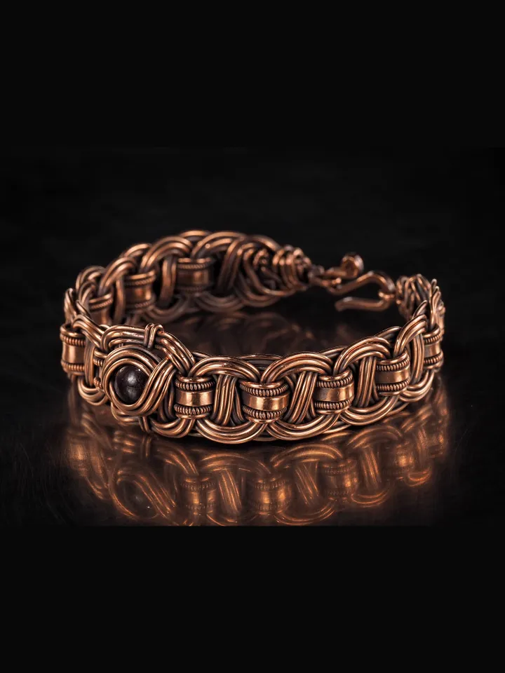 Copper wire wrapped garnet bracelet Unique bangle 7th Wedding Anniversary