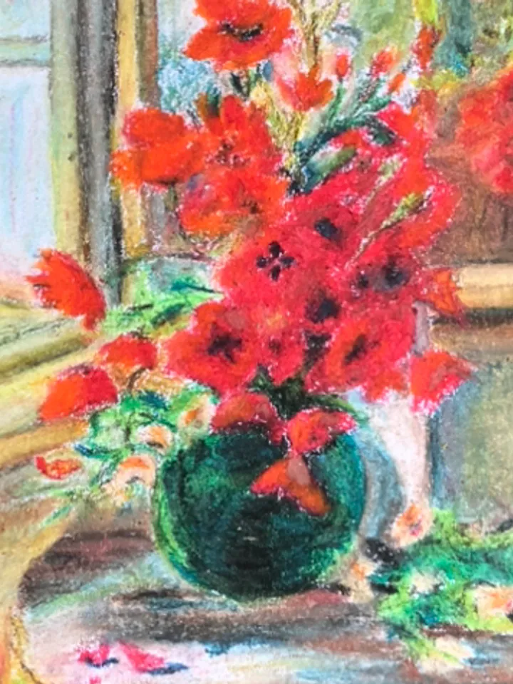 Bouquet of poppies wall art Original oil pastel painting 8x11 inch
