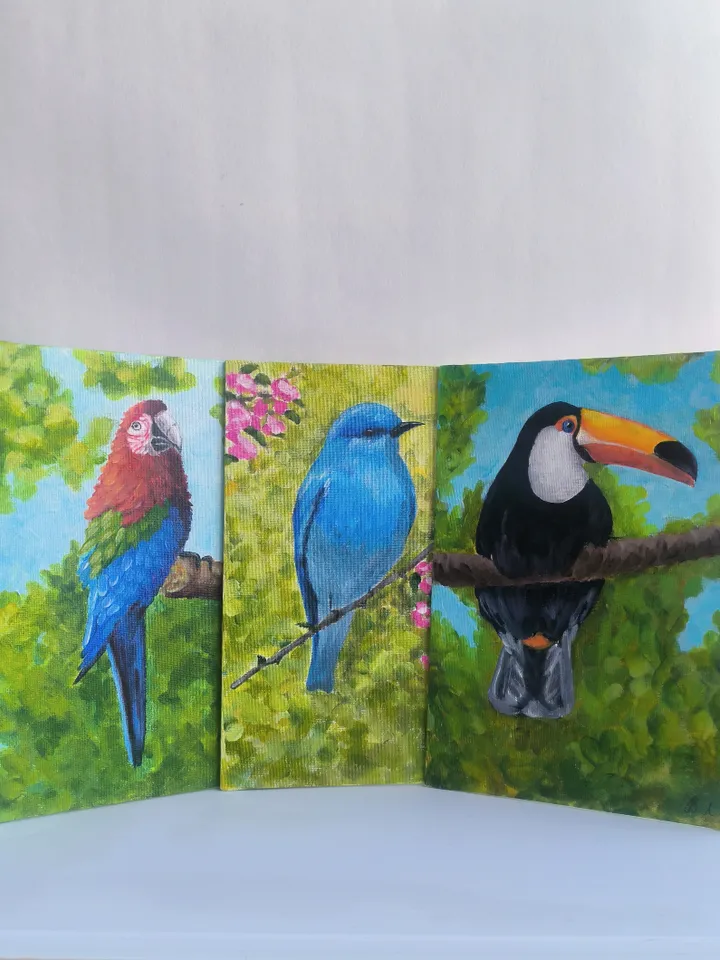 Set of three bird paintings. Toucan painting, Blue sialia painting, Parrot painting, Acrylic painting, Bright birds.
