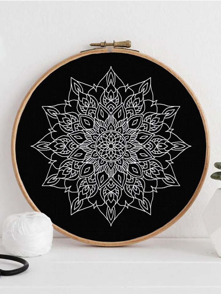 Flower mandala blackwork pattern PDF, Blackwork mandala embroidery download PDF, Mandala ornament Backstitch chart, Mandala cross stitch #W6