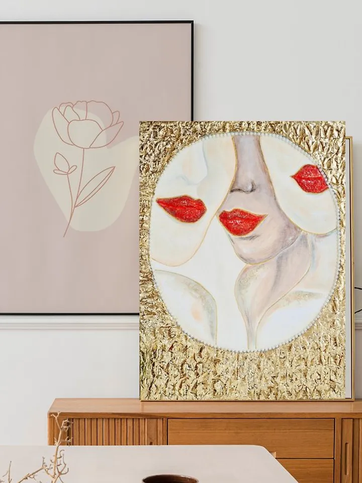 Handmade original wall painting Gold leaf painting on canvas 女人的脸在镜子里, 原创艺术, 肖像画