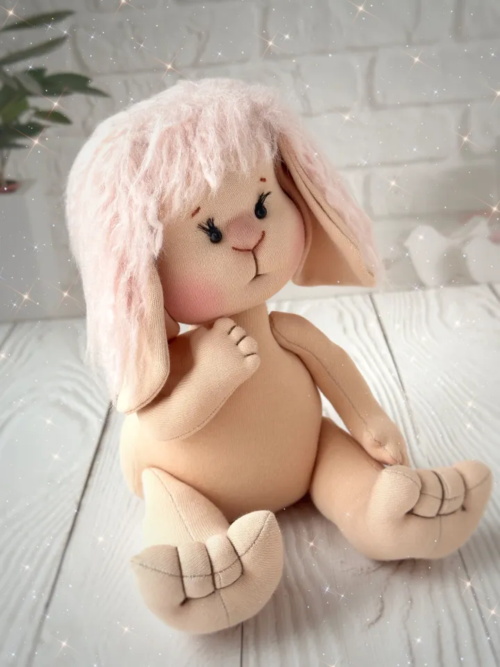 Lovey bunny toy. Handmade cute stuffed rabbit with clothes and carrot. Soft rag bunny doll for Easter gift.