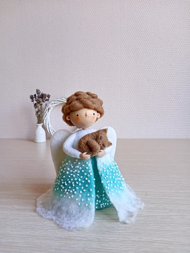 Waldorf inspired angel with cat\OOAK angel figurine\Wool needle felted magic angel art doll\Animal lovers gift\Loss pet gift\Keeper pets