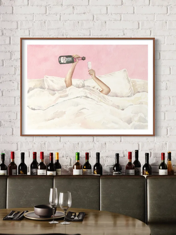 Pink Champagne Bottle Watercolor Illustration Wall Art Print, Feminine Art, Bar Decor, Cocktail Poster, Preppy Bar Cart, Apartment Decor