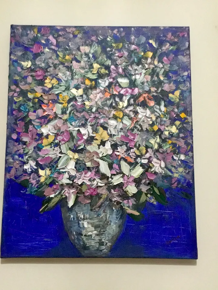 Flowers in a vase on blue background,posters from my original oil impasto painting on canvas,textured painting,colourful flowers wall art.