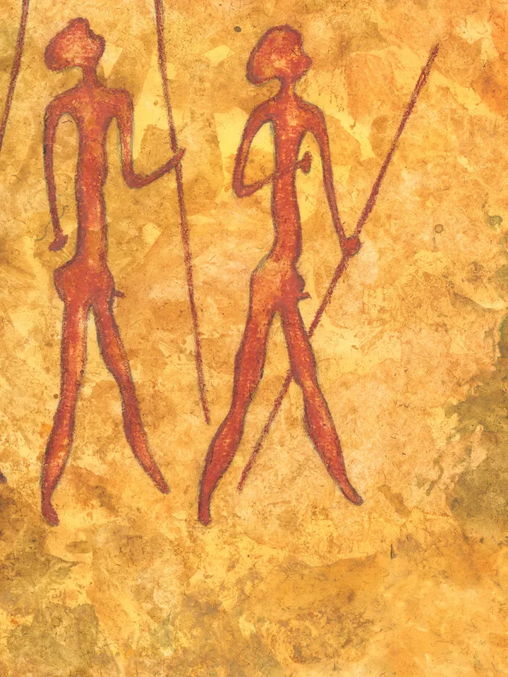 Prehistoric man wall art | Original Pastel and Watercolor Artwork Ancient Cave Painting Style | Warriors Prehistoric art | Handmade Artwork | Hunters stylization of rock art | Drawings of a prehistoric man