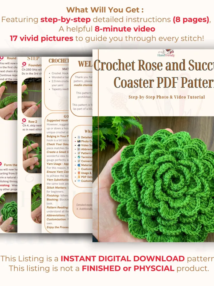 Crochet Rose and Succulent Coaster PDF Pattern, Layered Flower Crochet Design, DIY Home Decor and Handmade Gift for Nature Lovers