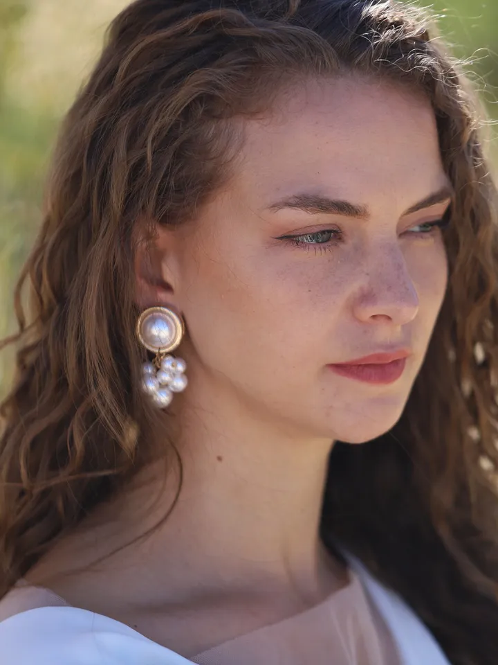 Boho Wedding Earrings, Pearl Chandelier Bridal Earrings, Bohemian Statement Wedding Jewelry, Vintage Style Statement Gold Bridal Earrings,