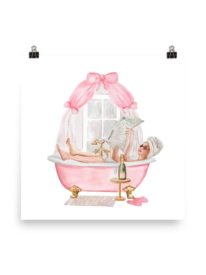 Pink Bathroom Vintage Bow Watercolor Print, Woman Drinking Art, Pink Bow, Pink Bathtub, Boho Bathroom, Bath Decor, Gift For Her, Bathtub Art