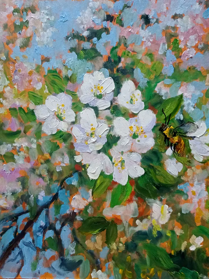 Oil painting "Spring in my garden"Cherry flowers Author's original Personalized Gifts Unique home decor Personalized home decor Custom decor