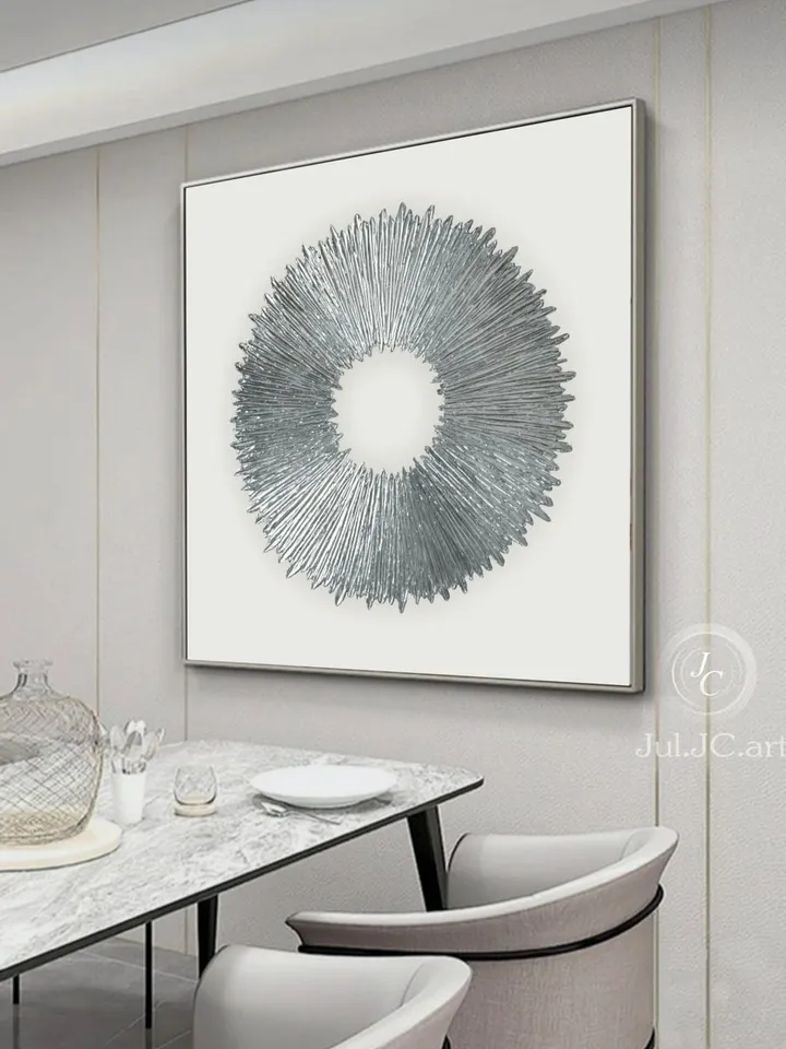 Silver and White Abstract Painting Silver Sun Original Art Textured artwork | Living room wall decor Above couch art